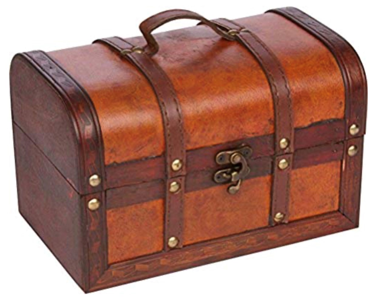 A brown and tan trunk with a handle.